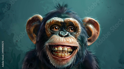 Close up of a chimpanzee with a big toothy smile, digital art style.