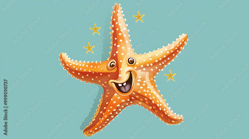 A cartoon starfish with a big smile and white spots on a light blue background. A cartoon starfish with a big smile and white spots on a light blue background.