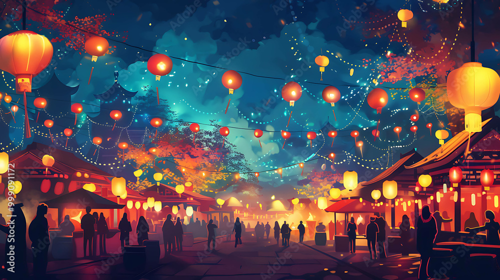 Obraz premium Vibrant night market with colorful lanterns and bustling crowds.