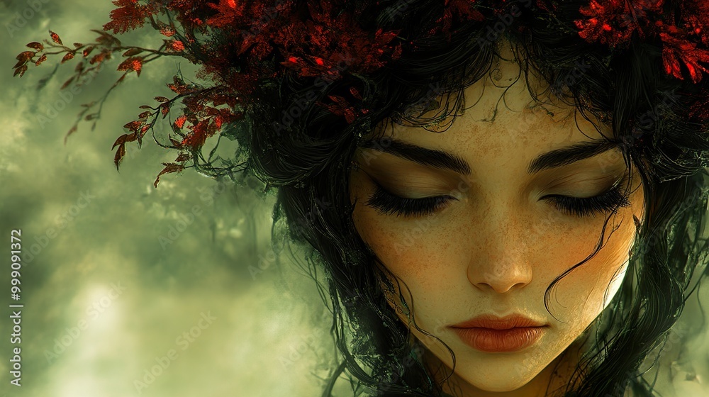 Dreamy Portrait of a Woman with Red Leaves in Her Hair Dreamy Portrait of a Woman with Red Leaves in Her Hair
