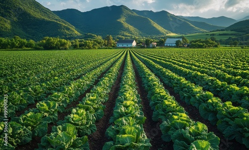 Female farmer harvesting fresh greens in an organic vegetable field surrounded by mountains under a sunny sky
