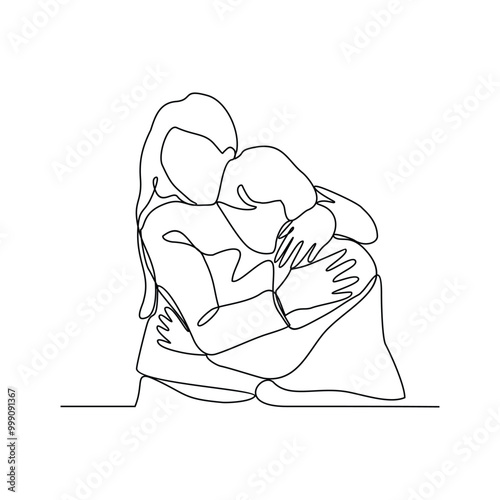 One continuous line drawing of a parents hugging his child vector illustration. Affection design concept in simple linear style vector. Great design for parenting course and education purpose.