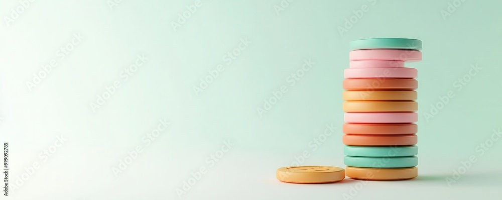 A colorful stack of round candies is balanced against a soft green background, evoking a playful and sweet atmosphere. A colorful stack of round candies is balanced against a soft green background, evoking a playful and sweet atmosphere.