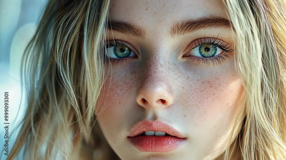 A young woman with blonde hair and blue eyes looks directly at the camera A young woman with blonde hair and blue eyes looks directly at the camera