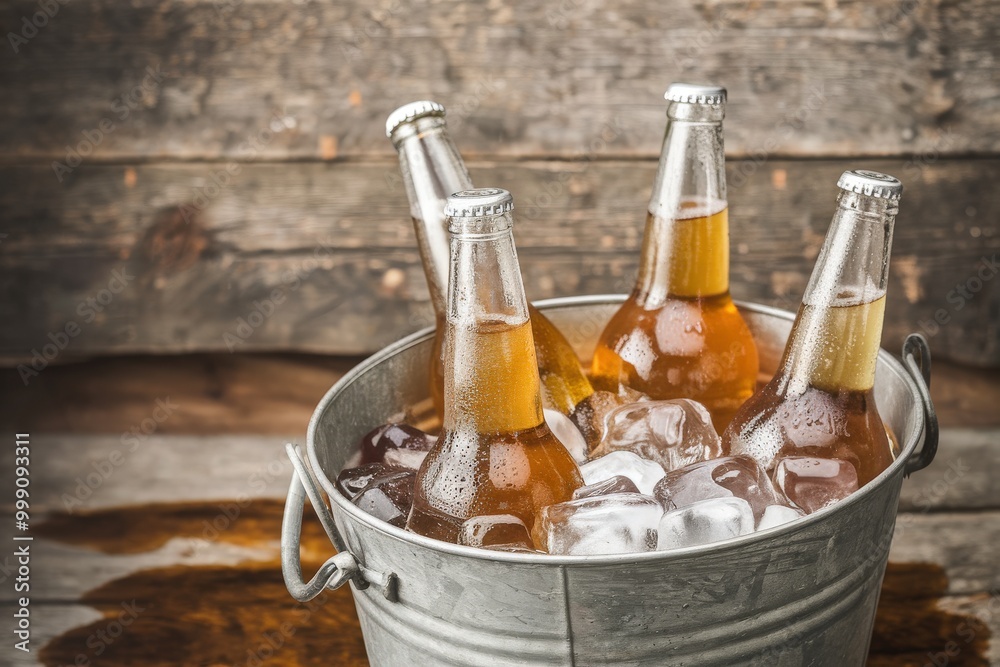 Four chilled beer bottles in an ice-filled metal bucket on a wooden surface. Four chilled beer bottles in an ice-filled metal bucket on a wooden surface.