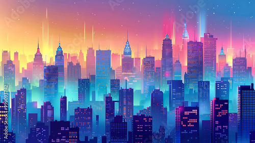 Colorful cityscape with skyscrapers and a vibrant sunset. photo