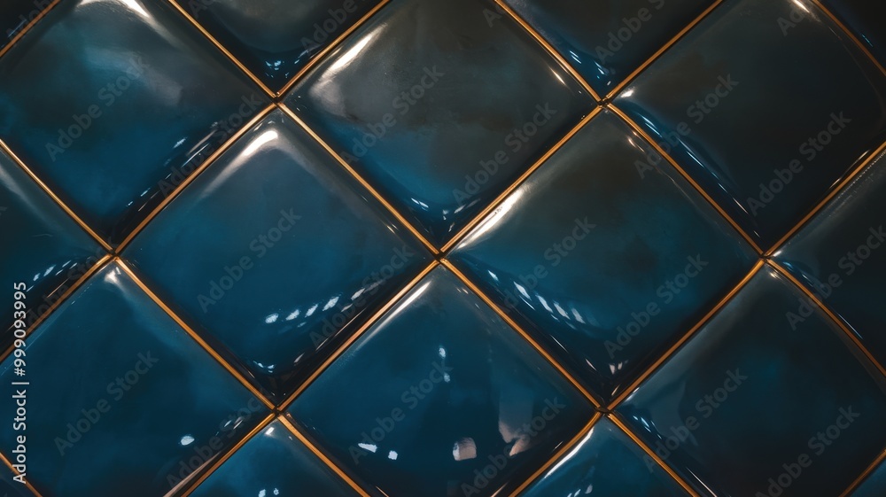 Close-up of shiny, dark blue ceramic tiles with a diamond pattern. Close-up of shiny, dark blue ceramic tiles with a diamond pattern.