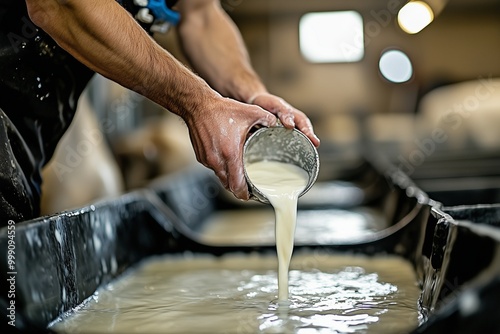 Processing Cow's Milk at a Dairy Plant - Generative AI photo