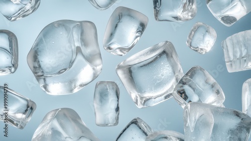 Close-up of melting ice cubes against a blue background.