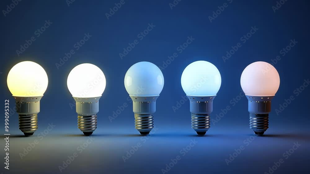 Five light bulbs of varying color temperatures are lined up on a blue surface