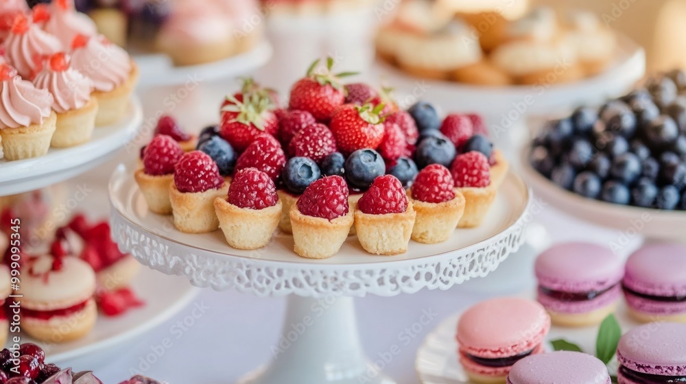 French dessert table with colorful berry tarts, macarons, and pastries, ready to serve generative ai French dessert table with colorful berry tarts, macarons, and pastries, ready to serve generative ai