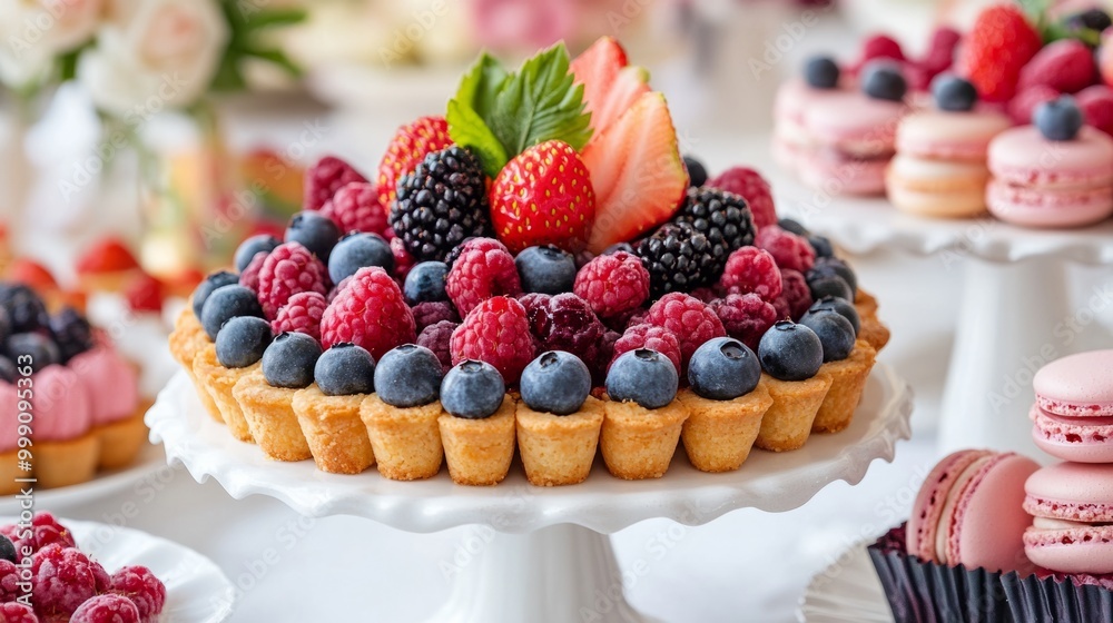 French dessert table with colorful berry tarts, macarons, and pastries, ready to serve generative ai French dessert table with colorful berry tarts, macarons, and pastries, ready to serve generative ai