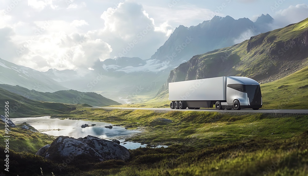 Futuristic Semi-Truck Driving Through a Mountainous Landscape Futuristic Semi-Truck Driving Through a Mountainous Landscape