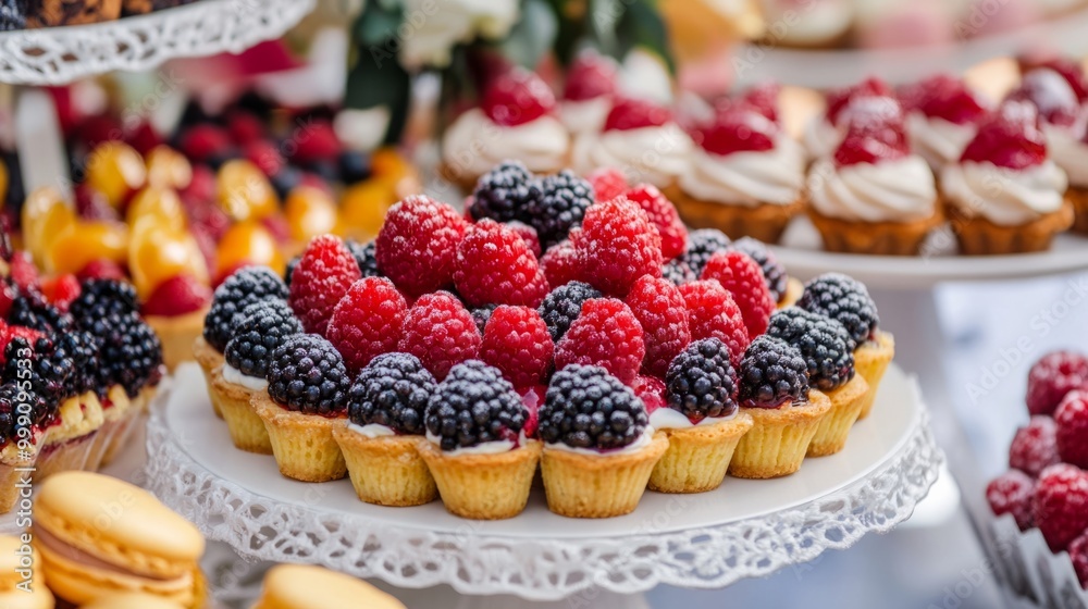 French dessert table with colorful berry tarts, macarons, and pastries, ready to serve generative ai French dessert table with colorful berry tarts, macarons, and pastries, ready to serve generative ai