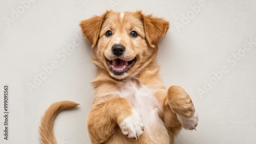 Adorable brown and white puppy with blue eyes lying on its back, looking playful and happy.