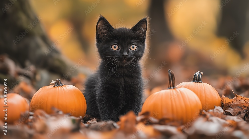 Black kitten with Halloween pumpkins in an autumn woodland Black kitten with Halloween pumpkins in an autumn woodland