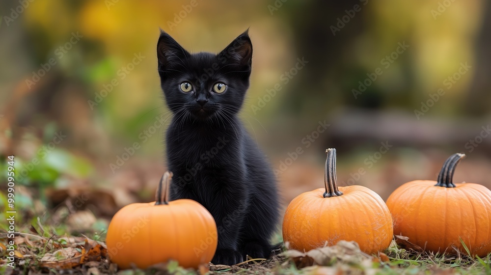 Black kitten with Halloween pumpkins in an autumn woodland Black kitten with Halloween pumpkins in an autumn woodland