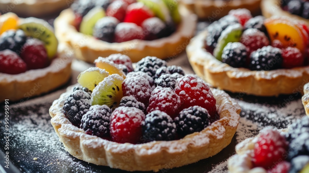 French fruit tarts with colorful berries on a pastry tray, topped with powdered sugar generative ai French fruit tarts with colorful berries on a pastry tray, topped with powdered sugar generative ai