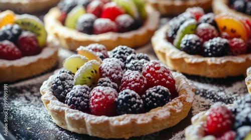 French fruit tarts with colorful berries on a pastry tray, topped with powdered sugar generative ai