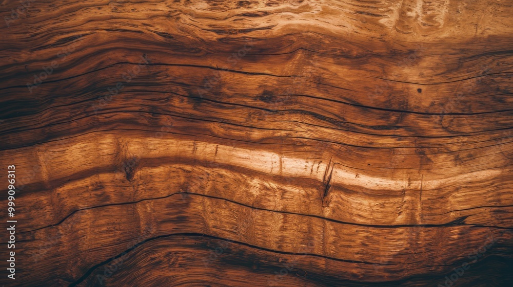 Naklejka premium Close-up of rich, textured wooden surface with intricate grain patterns in warm tones.