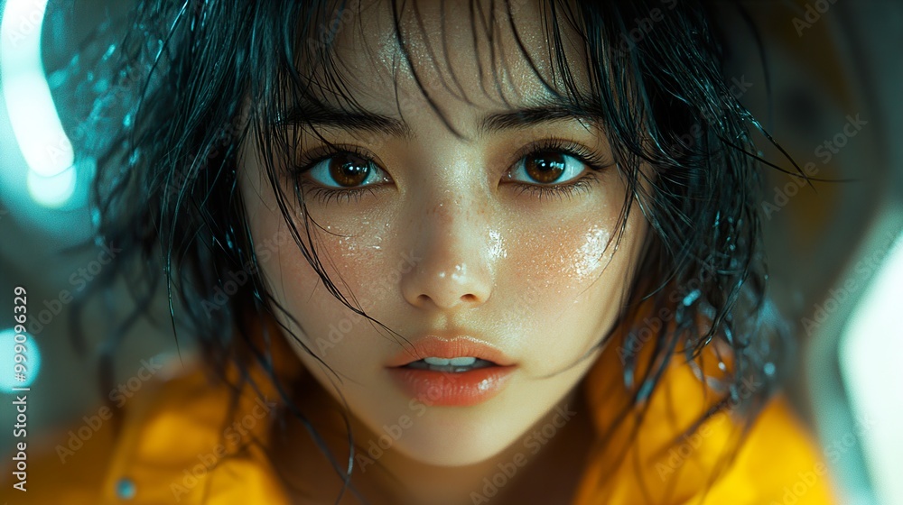 Close-Up Portrait of a Young Woman with Wet Hair and Makeup Close-Up Portrait of a Young Woman with Wet Hair and Makeup