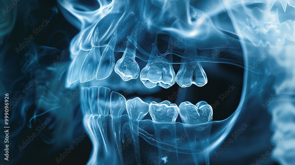 Obraz premium A Close-up View of a Human Skull with Teeth in a Blue Tinted X-Ray Style