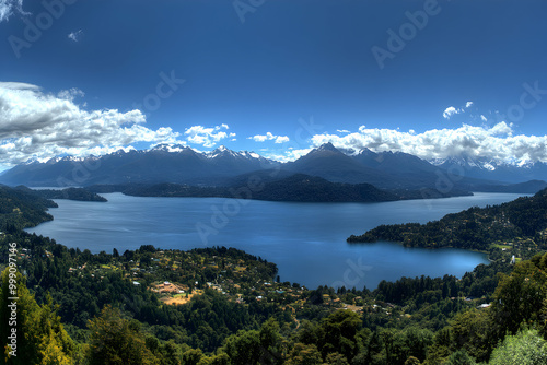 Stunning panoramic view of a lake surrounded by mountains and forests in Patagonia.