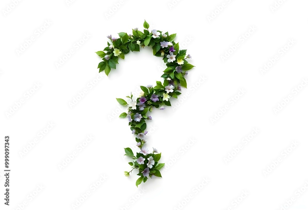 A question mark made of green foliage, with tiny flowers, placed on a pristine white canvas create with ai A question mark made of green foliage, with tiny flowers, placed on a pristine white canvas create with ai