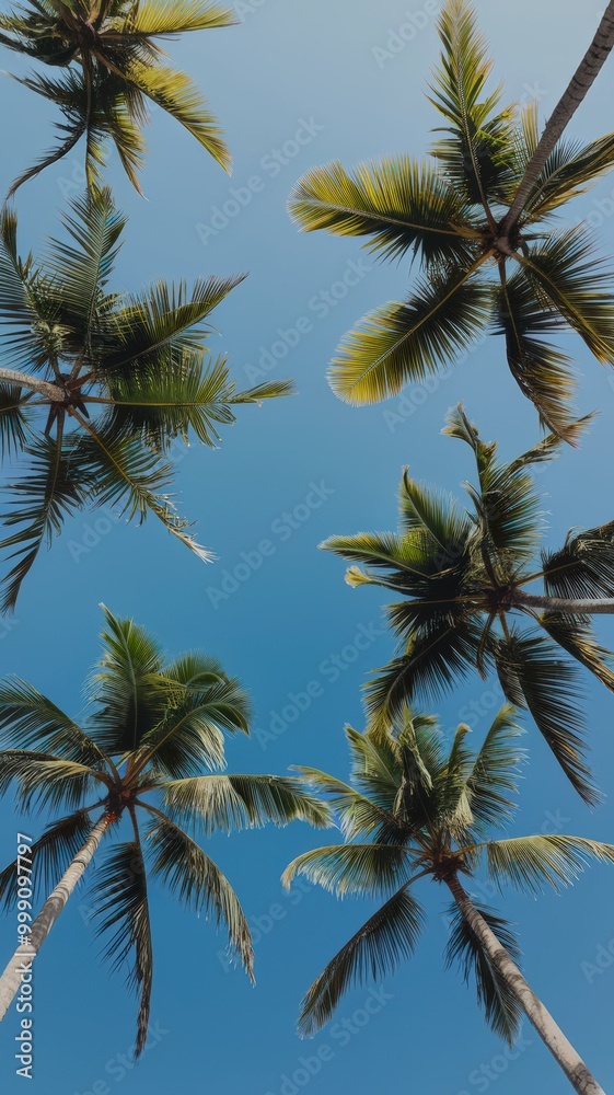 Palm trees reaching up to a clear blue sky, capturing a tropical and serene ambiance.