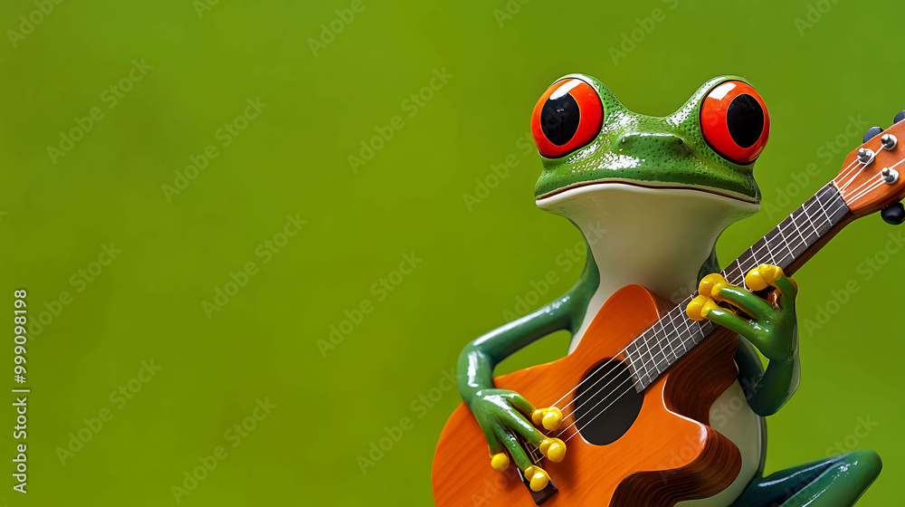 Obraz premium A green frog with big red eyes plays an acoustic guitar.