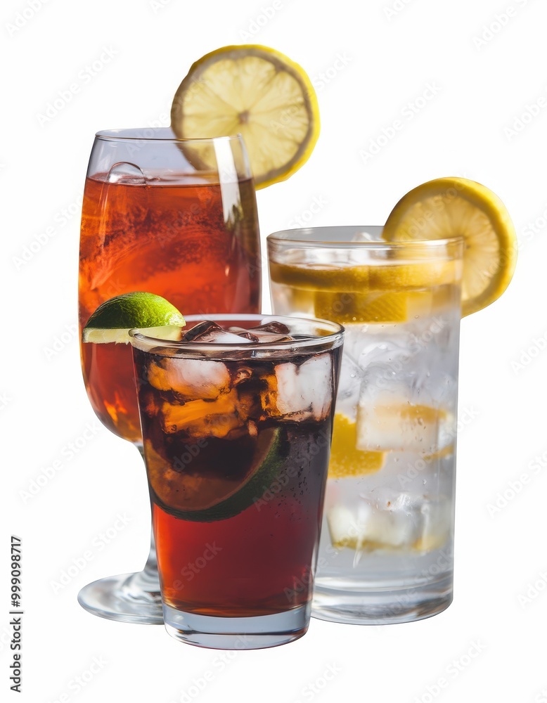 Refreshing drinks with citrus garnishes, featuring iced tea and lemon water. Refreshing drinks with citrus garnishes, featuring iced tea and lemon water.