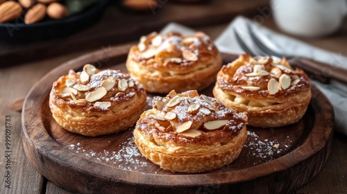 Golden apple almond pastries served on a wooden platter, with a light dusting of sugar and almonds on top generative ai