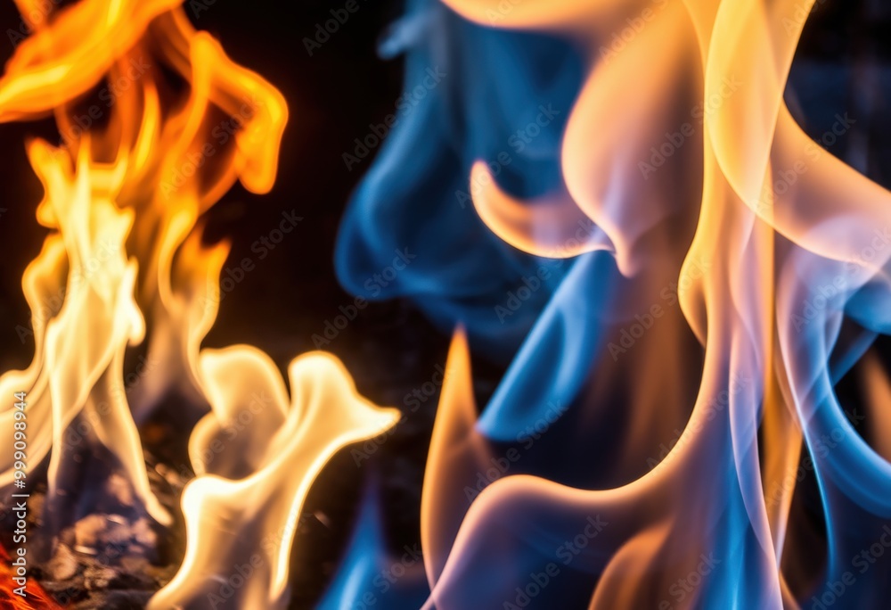 Close-up of vibrant blue and orange flames with dynamic shapes. Close-up of vibrant blue and orange flames with dynamic shapes.