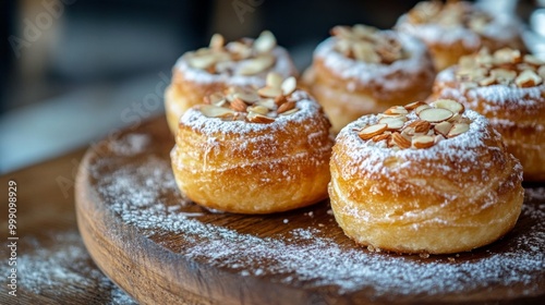 Golden apple almond pastries served on a wooden platter, with a light dusting of sugar and almonds on top generative ai