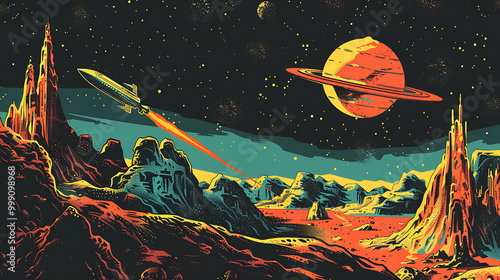 A retro-style illustration of a spaceship flying past a rocky planet with a ringed planet in the background. photo