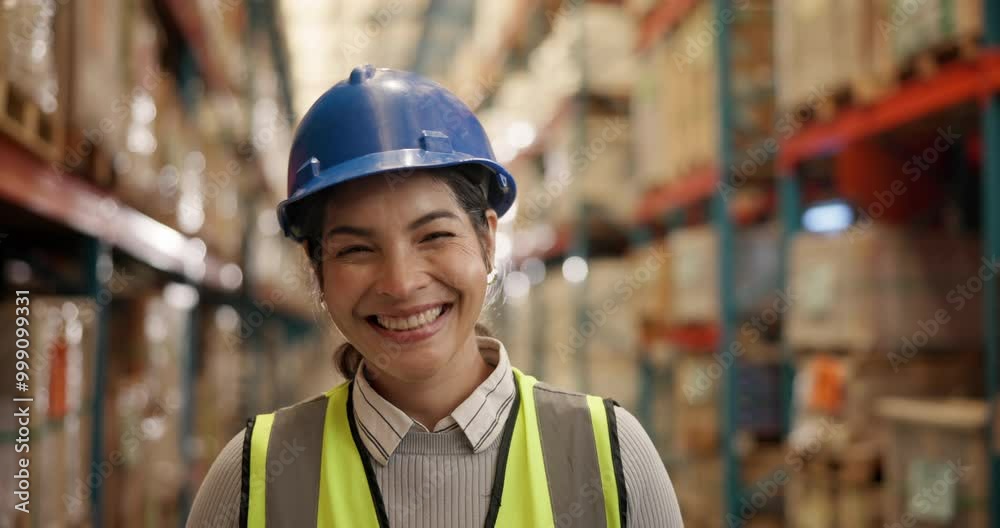 Smile, logistics and face of woman in warehouse with pride for career in cargo shipping. Happy, confident and portrait of female industrial worker in ppe in supply chain storage for delivery. Smile, logistics and face of woman in warehouse with pride for career in cargo shipping. Happy, confident and portrait of female industrial worker in ppe in supply chain storage for delivery.