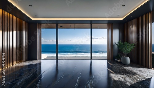 Balcony with panoramic window and ocean and mountain view. Modern interior of black marble room with terrace. Luxury studio for design of nature trips. view from the window