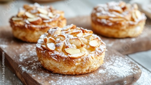Golden apple almond pastries with a crispy glaze, arranged on a rustic wooden board generative ai
