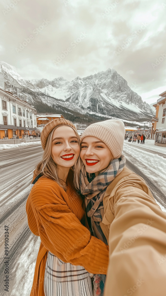 two friends taking a selfie during their winter adventure vacation, focusing on friendship and an outdoor lifestyle