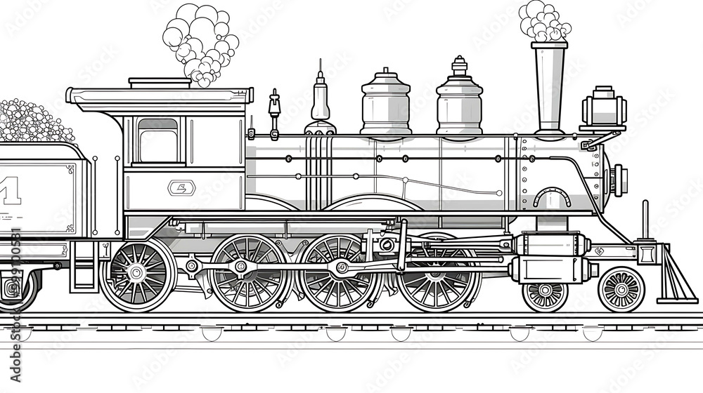 Fototapeta premium Vintage steam train locomotive illustration, side view.