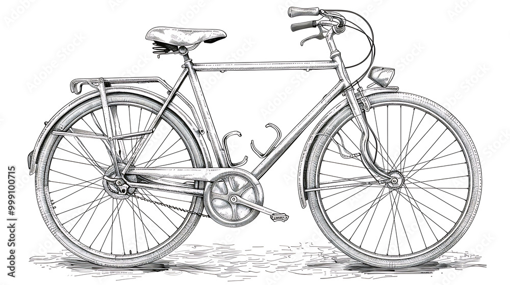 A detailed black and white line drawing of a vintage bicycle. A detailed black and white line drawing of a vintage bicycle.