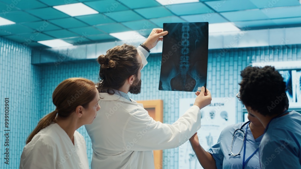 Hospital team examine x rays and discusses treatment strategy in a ...