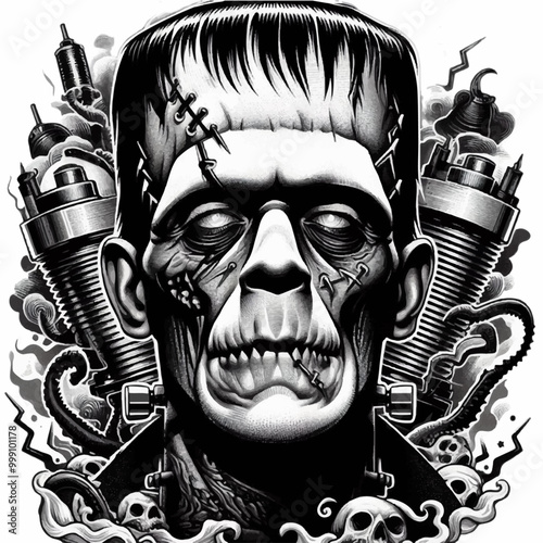 Frankenstein with bolts halloween illustration tattoo