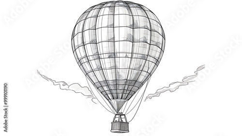 A hand-drawn illustration of a hot air balloon in flight.