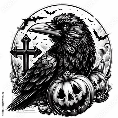 black raven with crosses and pumpkin and full moon halloween illustration tattoo