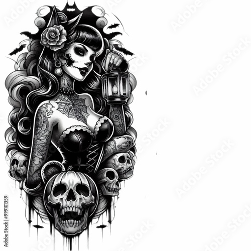 pinup girl with a corset, skeletons and a lantern halloween illustration tattoo