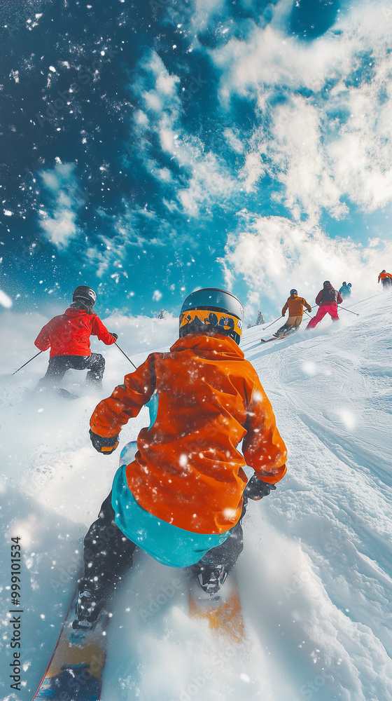 a person skiing, emphasizing adventure, speed, and an outdoor lifestyle during winter