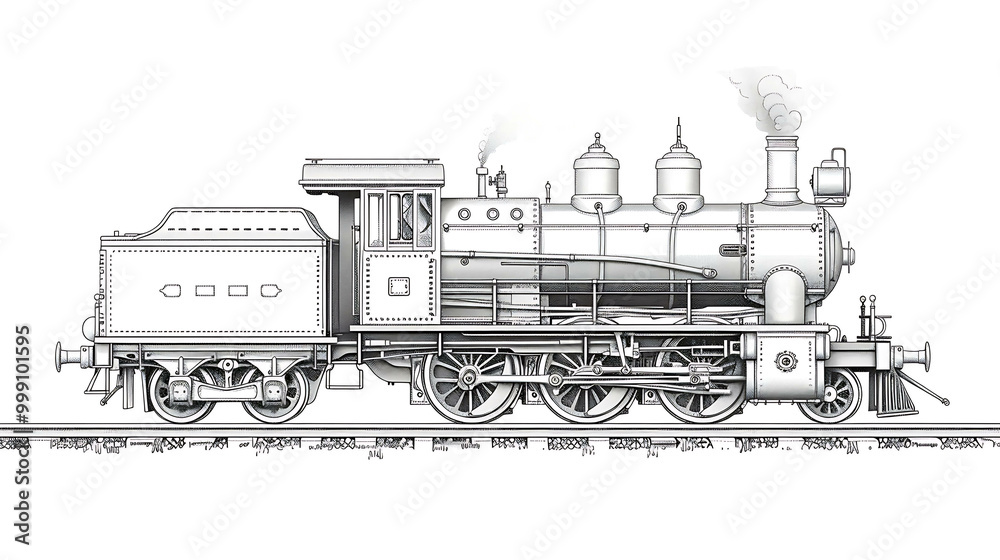 A detailed black and white illustration of a vintage steam locomotive. A detailed black and white illustration of a vintage steam locomotive.