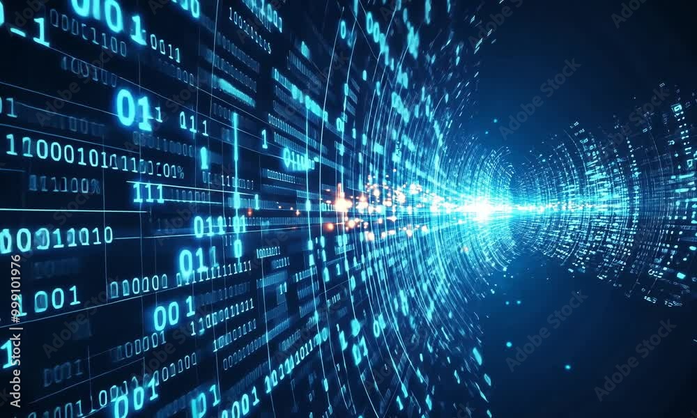 Exploring the digital tunnel of flowing binary data in a virtual environment created for technology enthusiasts