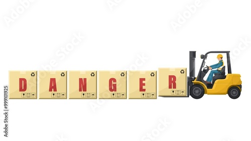 Animation of worker driving a forklift loading boxes with the word DANGER. Lift truck transporting a box packing pallet to a warehouse. Industrial storage and distribution of products